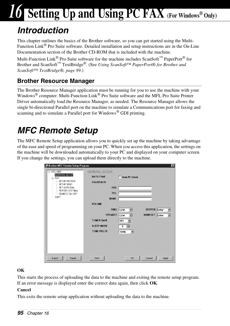 16 setting up and using pc fax (for windows® only), Introduction, Brother resource manager | Mfc remote setup, Chapter 16, Setting up and using pc fax (for windows, Only), Introduction mfc remote setup, Setting up and using pc fax, For windows | Brother 4800 User Manual | Page 106 / 174