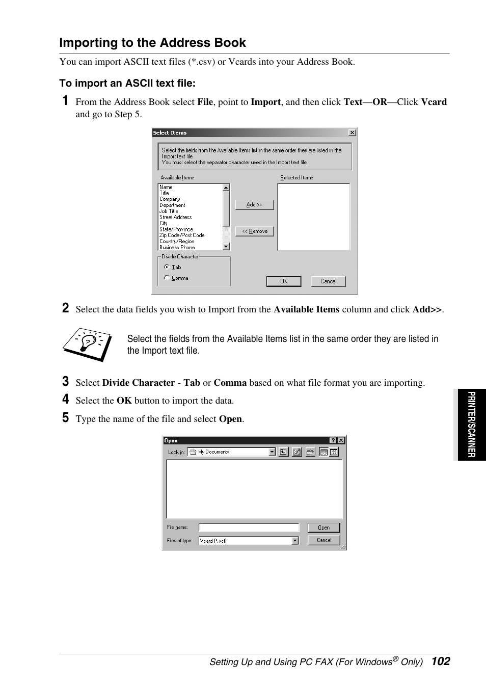 Importing to the address book | Brother 4800 User Manual | Page 113 / 174