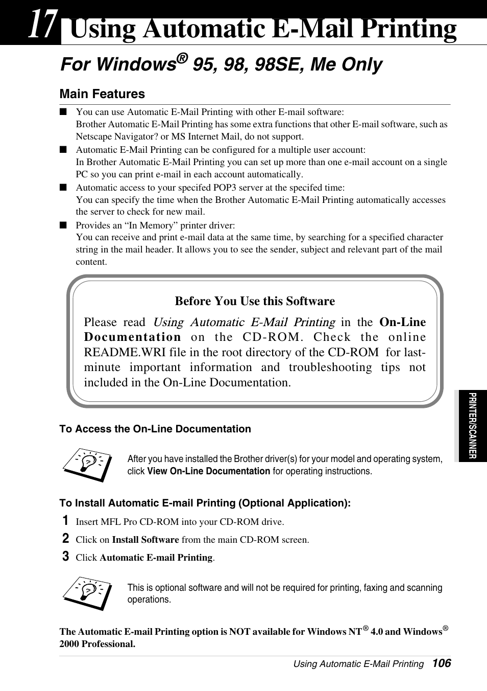 17 using automatic e-mail printing, For windows® 95, 98, 98se, me only, Main features | Chapter 17, Using automatic e-mail printing, For windows | Brother 4800 User Manual | Page 117 / 174
