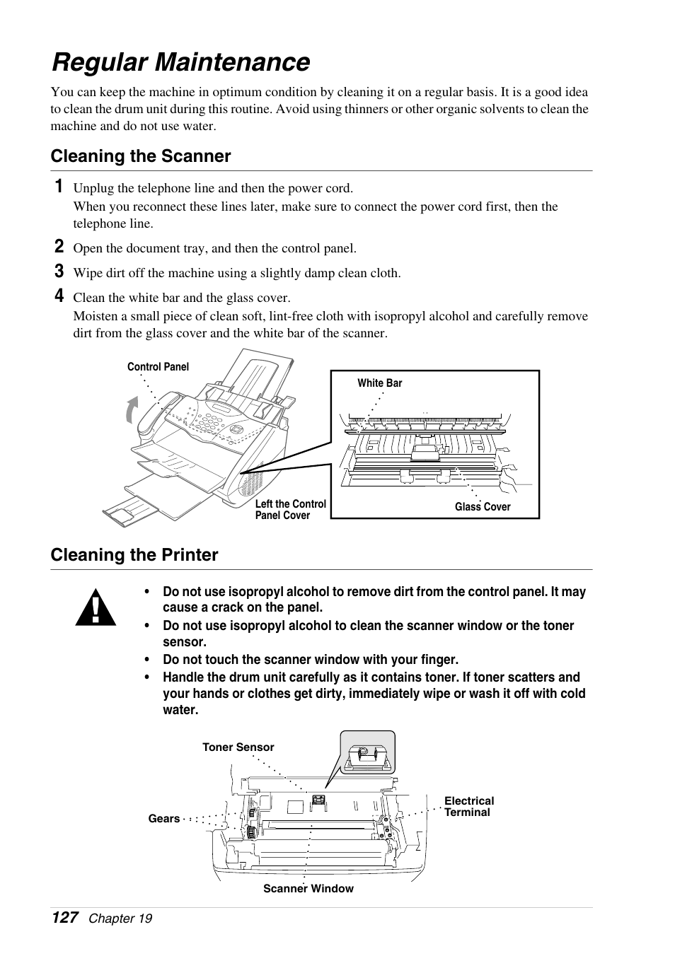 Regular maintenance, Cleaning the scanner, Cleaning the printer | Brother 4800 User Manual | Page 138 / 174