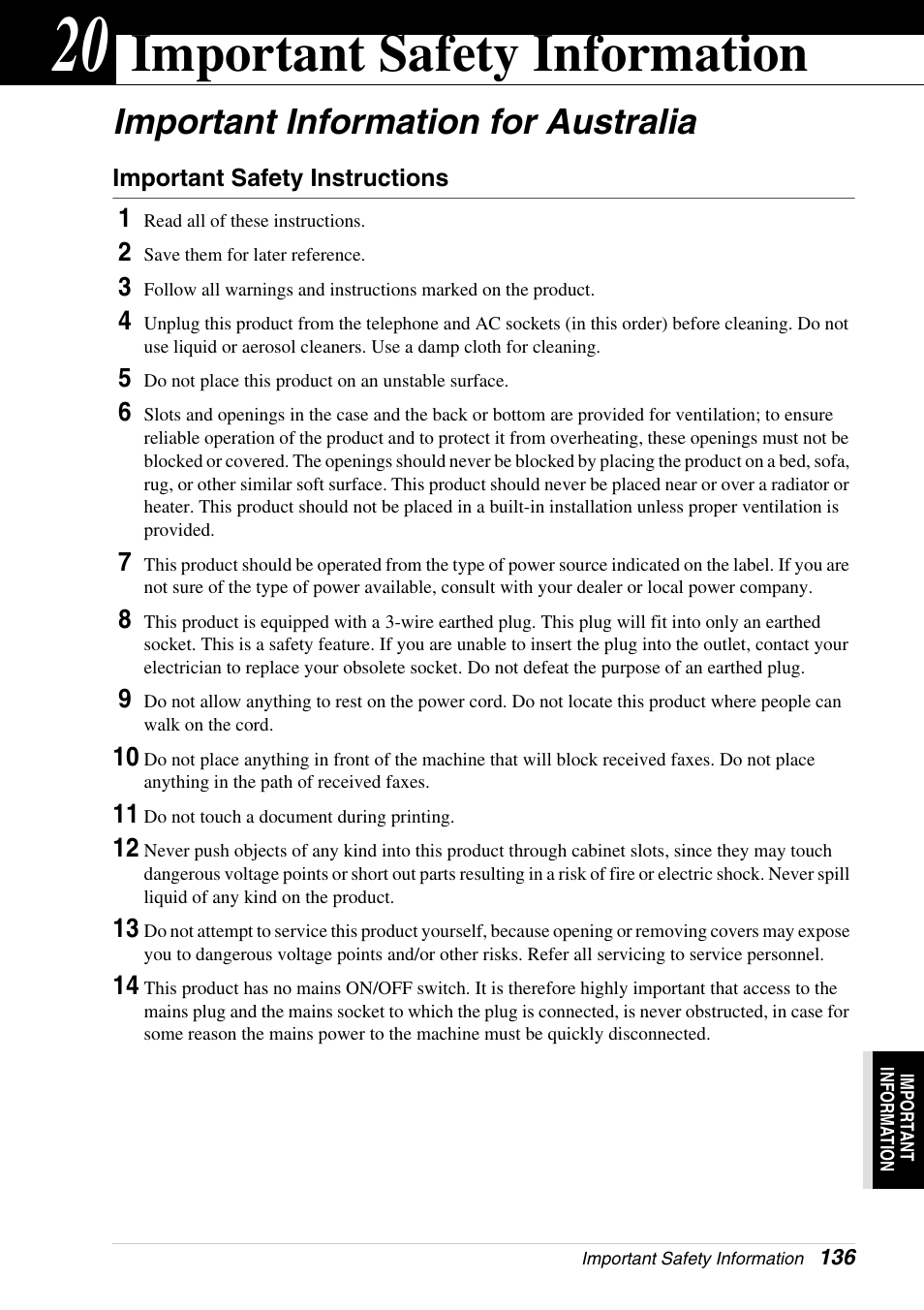 20 important safety information, Important information for australia, Important safety instructions | Chapter 20, Important safety information | Brother 4800 User Manual | Page 147 / 174
