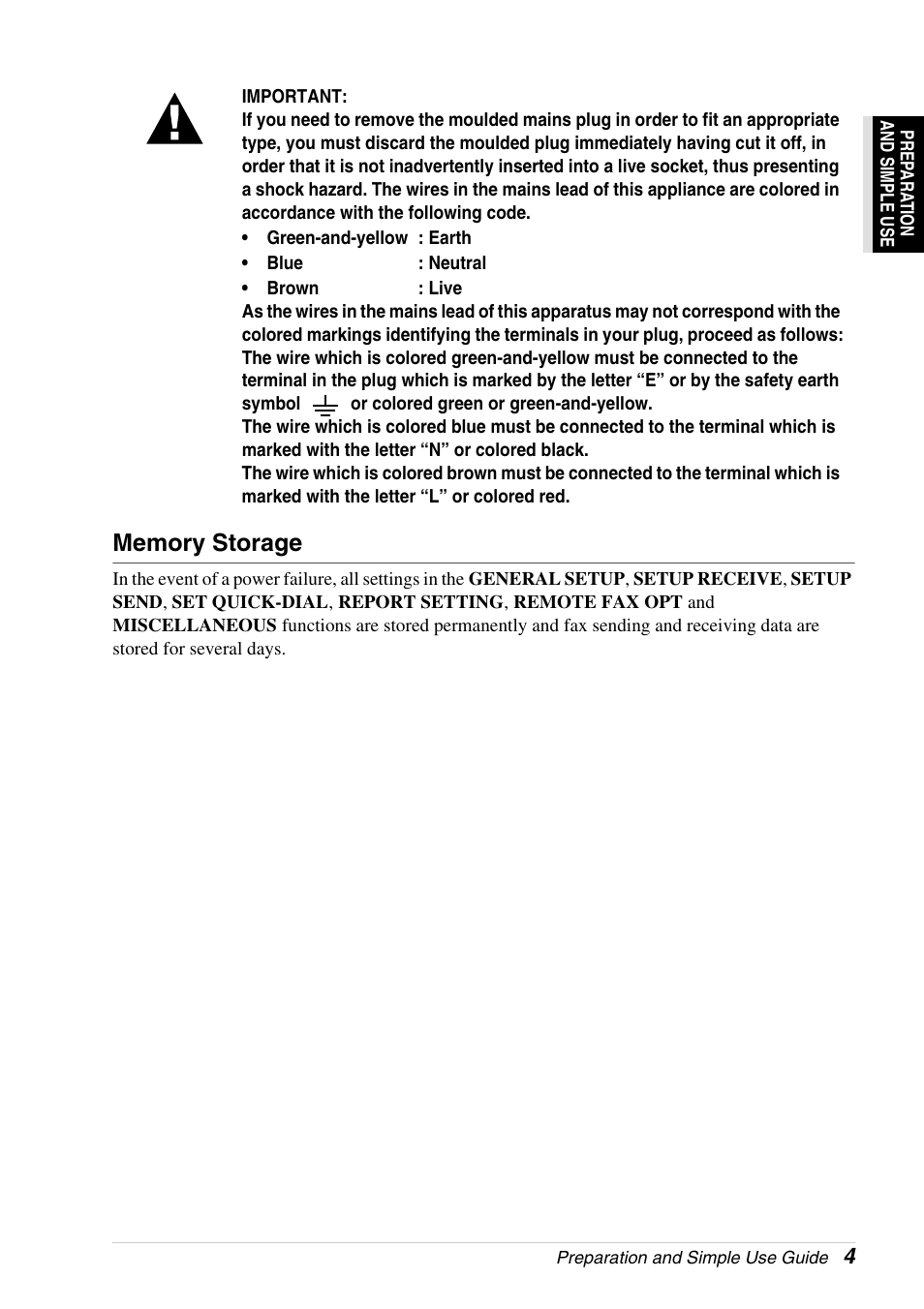 Memory storage | Brother 4800 User Manual | Page 15 / 174