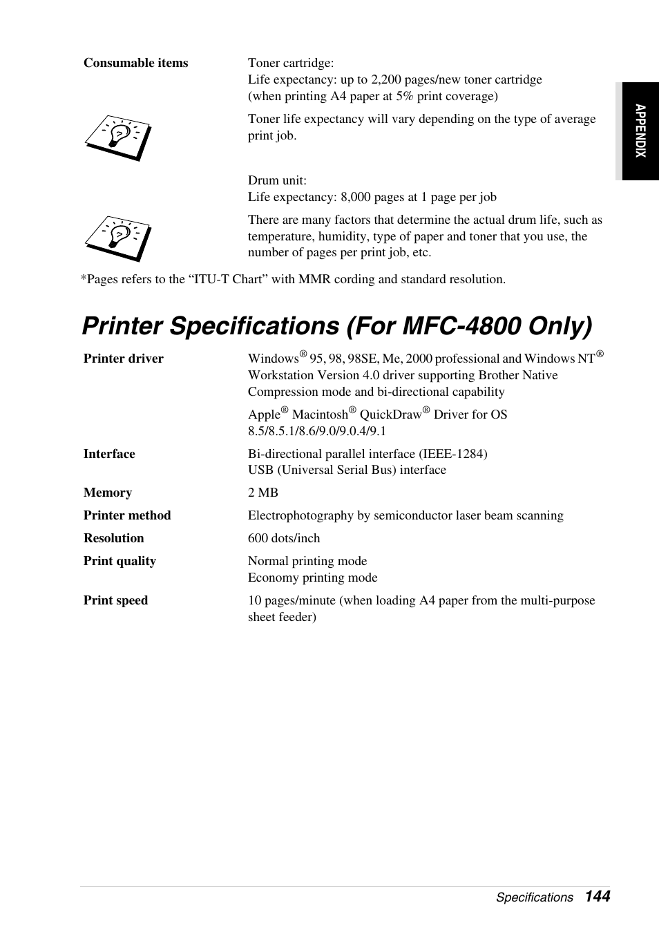 Printer specifications (for mfc-4800 only) | Brother 4800 User Manual | Page 155 / 174