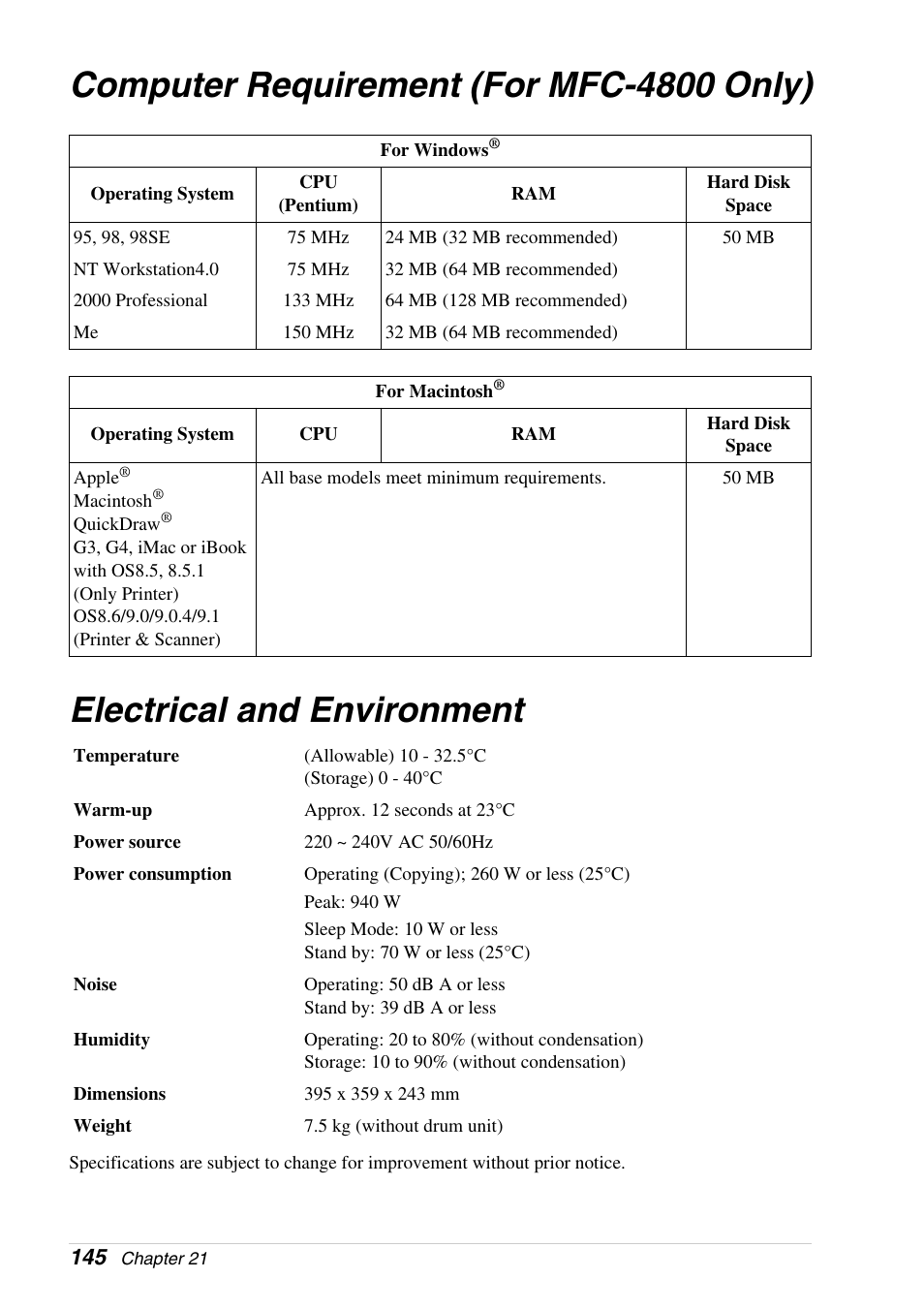Computer requirement (for mfc-4800 only), Electrical and environment | Brother 4800 User Manual | Page 156 / 174