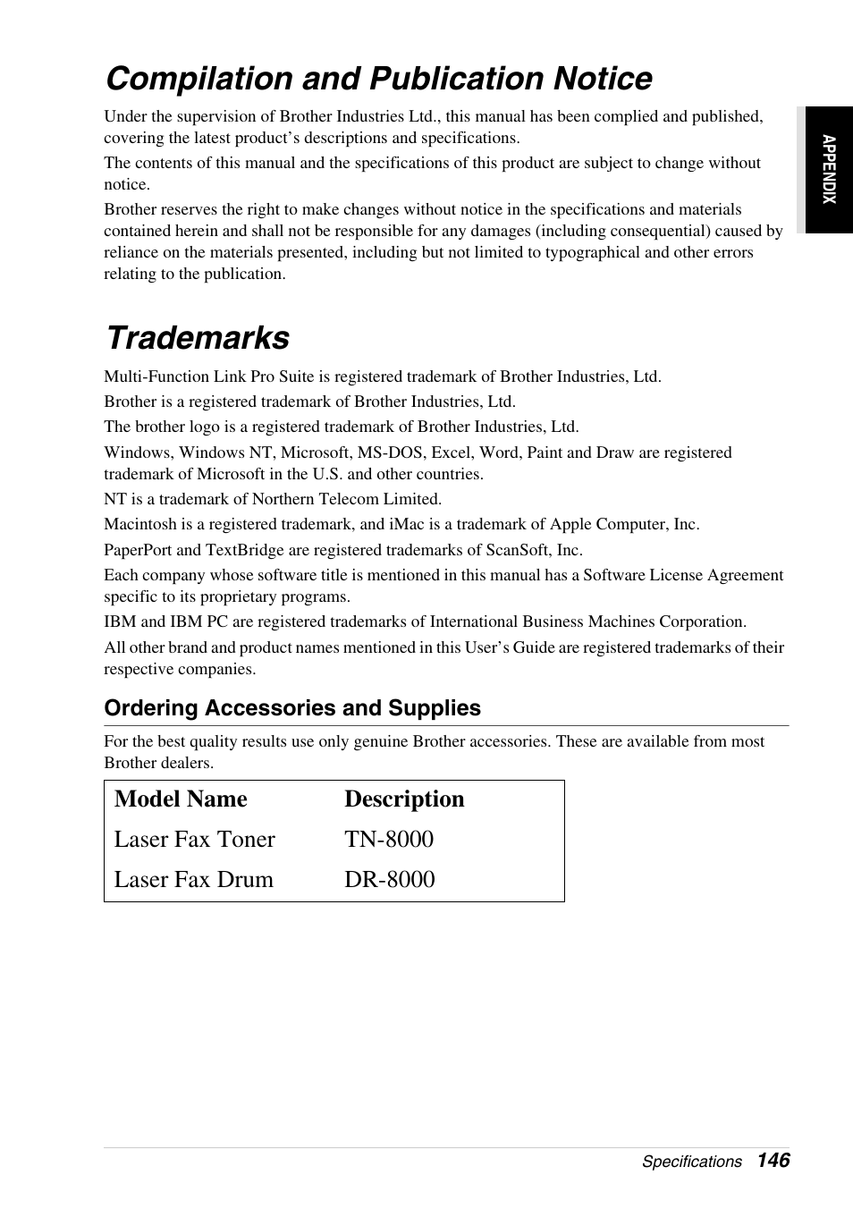 Compilation and publication notice, Trademarks, Ordering accessories and supplies | Compilation and publication notice trademarks | Brother 4800 User Manual | Page 157 / 174