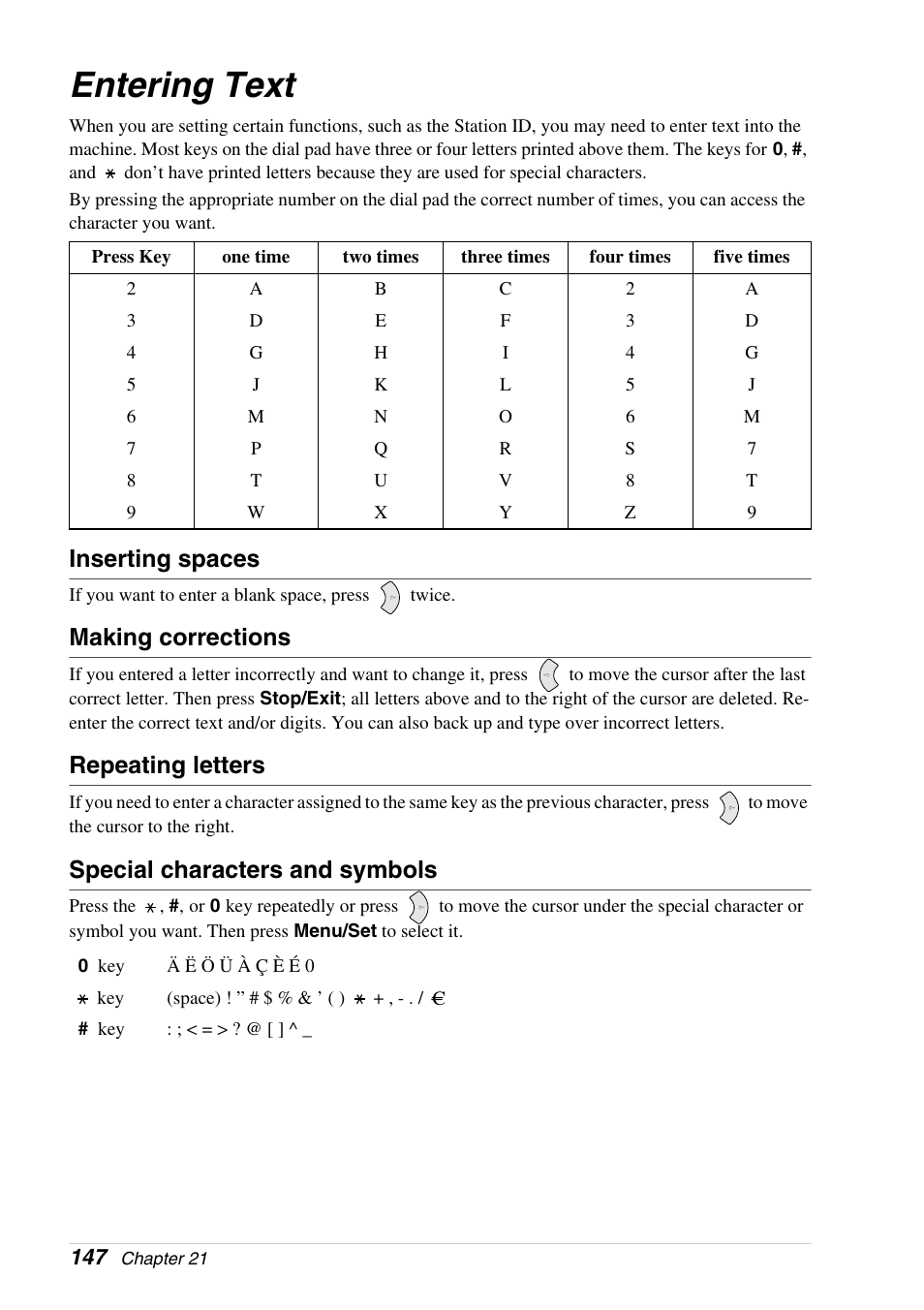 Entering text, Inserting spaces, Making corrections | Repeating letters, Special characters and symbols | Brother 4800 User Manual | Page 158 / 174