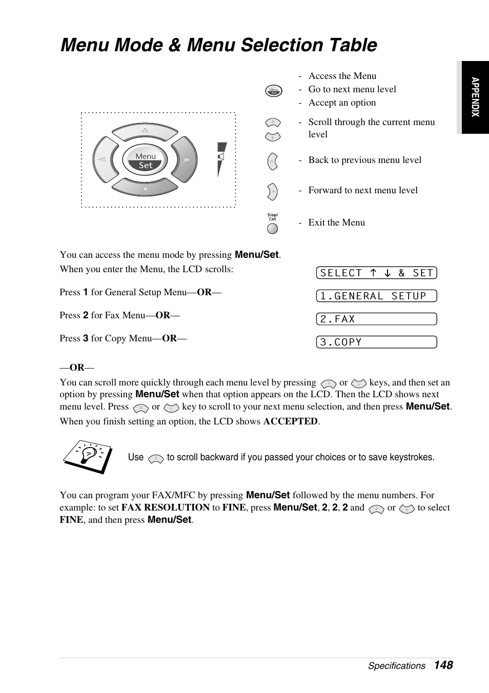 Menu mode & menu selection table | Brother 4800 User Manual | Page 159 / 174