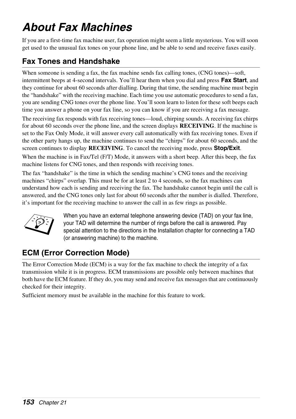About fax machines, Fax tones and handshake, Ecm (error correction mode) | Brother 4800 User Manual | Page 164 / 174