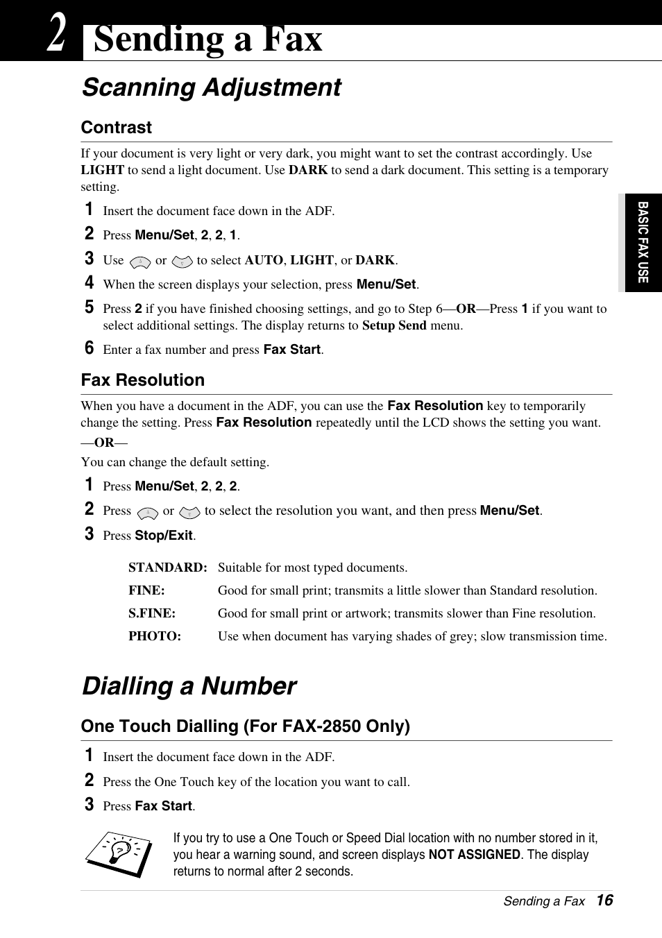 2 sending a fax, Scanning adjustment, Contrast | Fax resolution, Dialling a number, One touch dialling (for fax-2850 only), Chapter 2, Sending a fax, Scanning adjustment dialling a number | Brother 4800 User Manual | Page 27 / 174