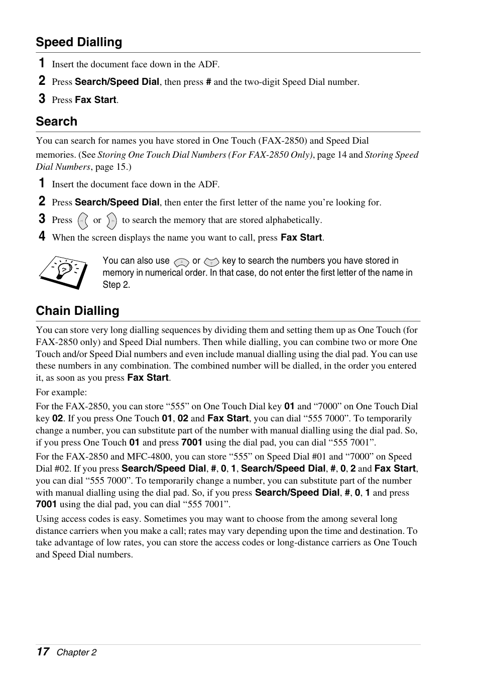 Speed dialling, Search, Chain dialling | Brother 4800 User Manual | Page 28 / 174