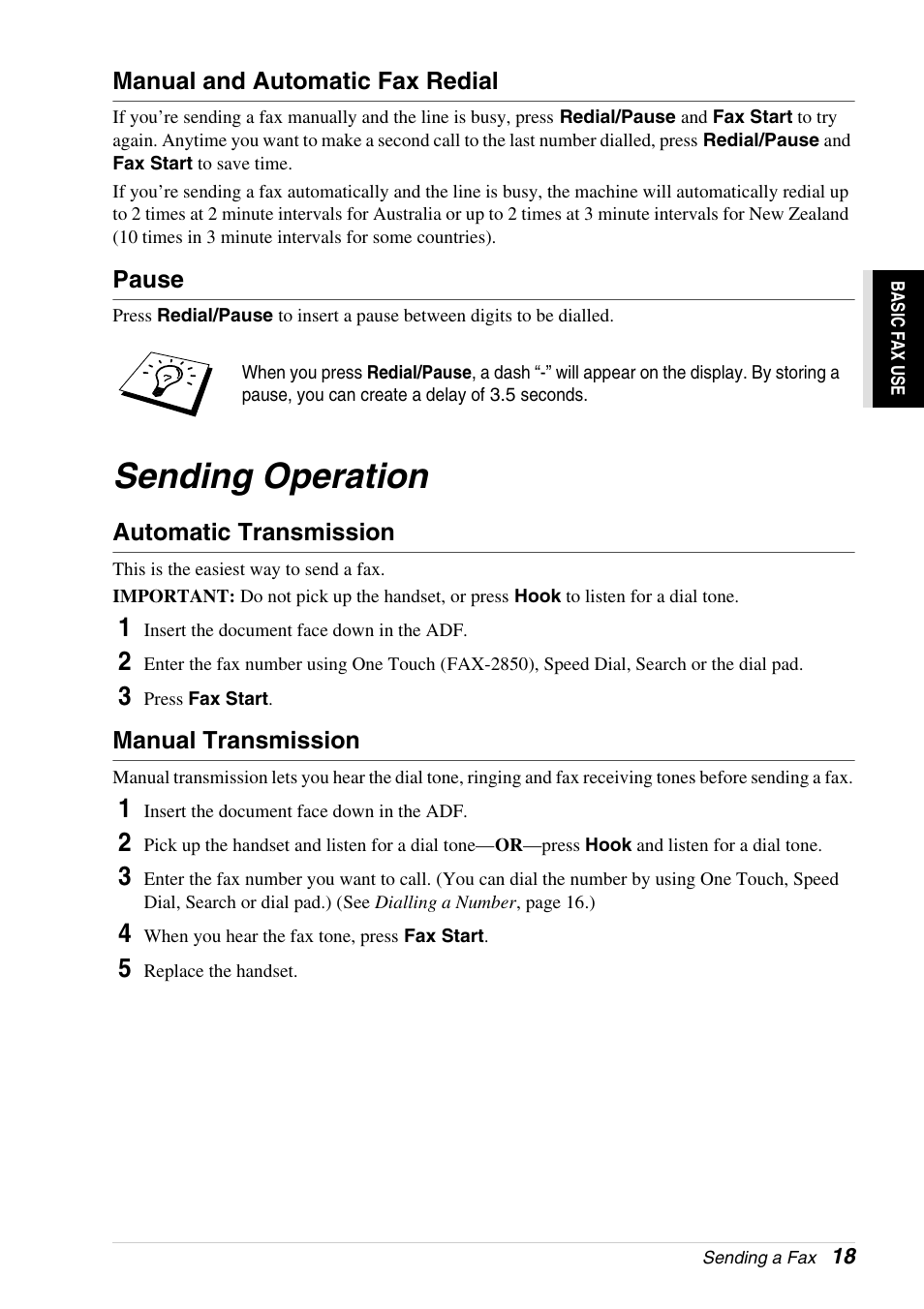 Manual and automatic fax redial, Pause, Sending operation | Automatic transmission, Manual transmission | Brother 4800 User Manual | Page 29 / 174