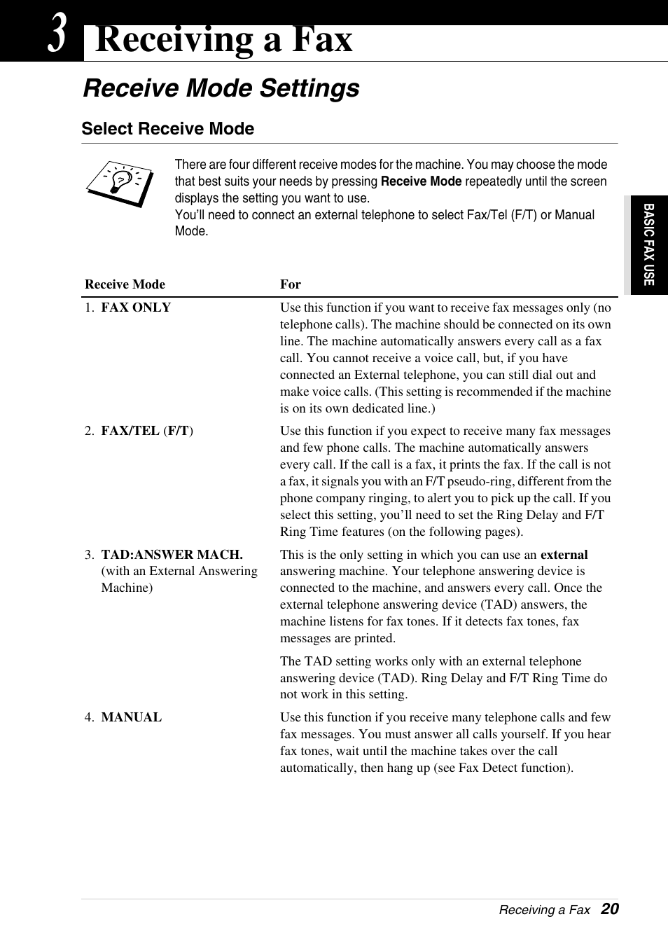 3 receiving a fax, Receive mode settings, Select receive mode | Chapter 3, Receiving a fax | Brother 4800 User Manual | Page 31 / 174