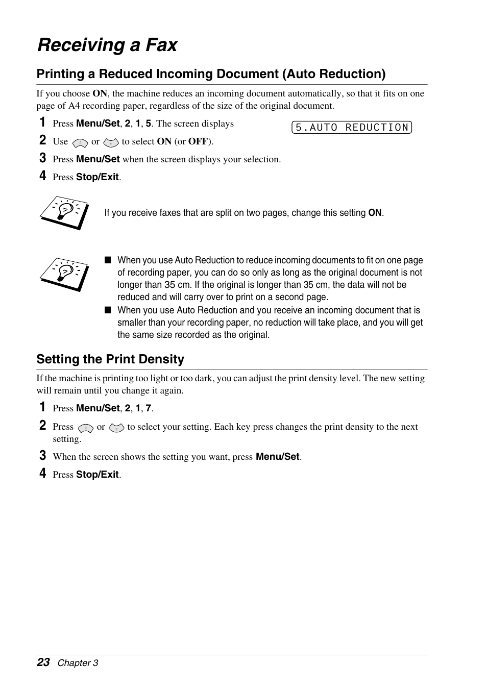 Receiving a fax, Setting the print density | Brother 4800 User Manual | Page 34 / 174