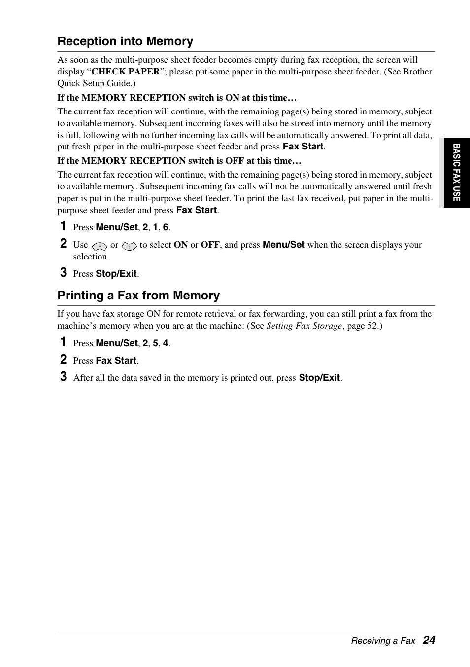 Reception into memory, Printing a fax from memory | Brother 4800 User Manual | Page 35 / 174