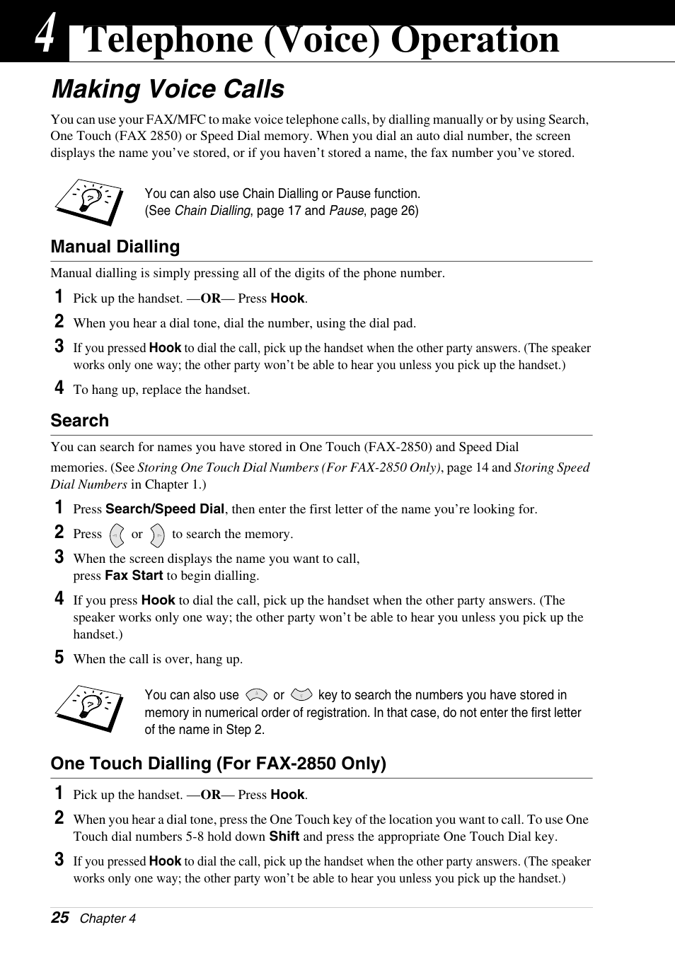 4 telephone (voice) operation, Making voice calls, Manual dialling | Search, One touch dialling (for fax-2850 only), Chapter 4, Telephone (voice) operation | Brother 4800 User Manual | Page 36 / 174
