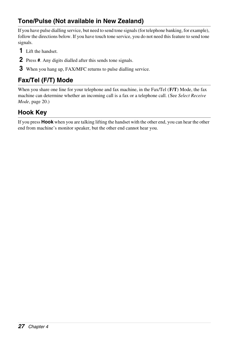 Tone/pulse (not available in new zealand), Fax/tel (f/t) mode, Hook key | Brother 4800 User Manual | Page 38 / 174