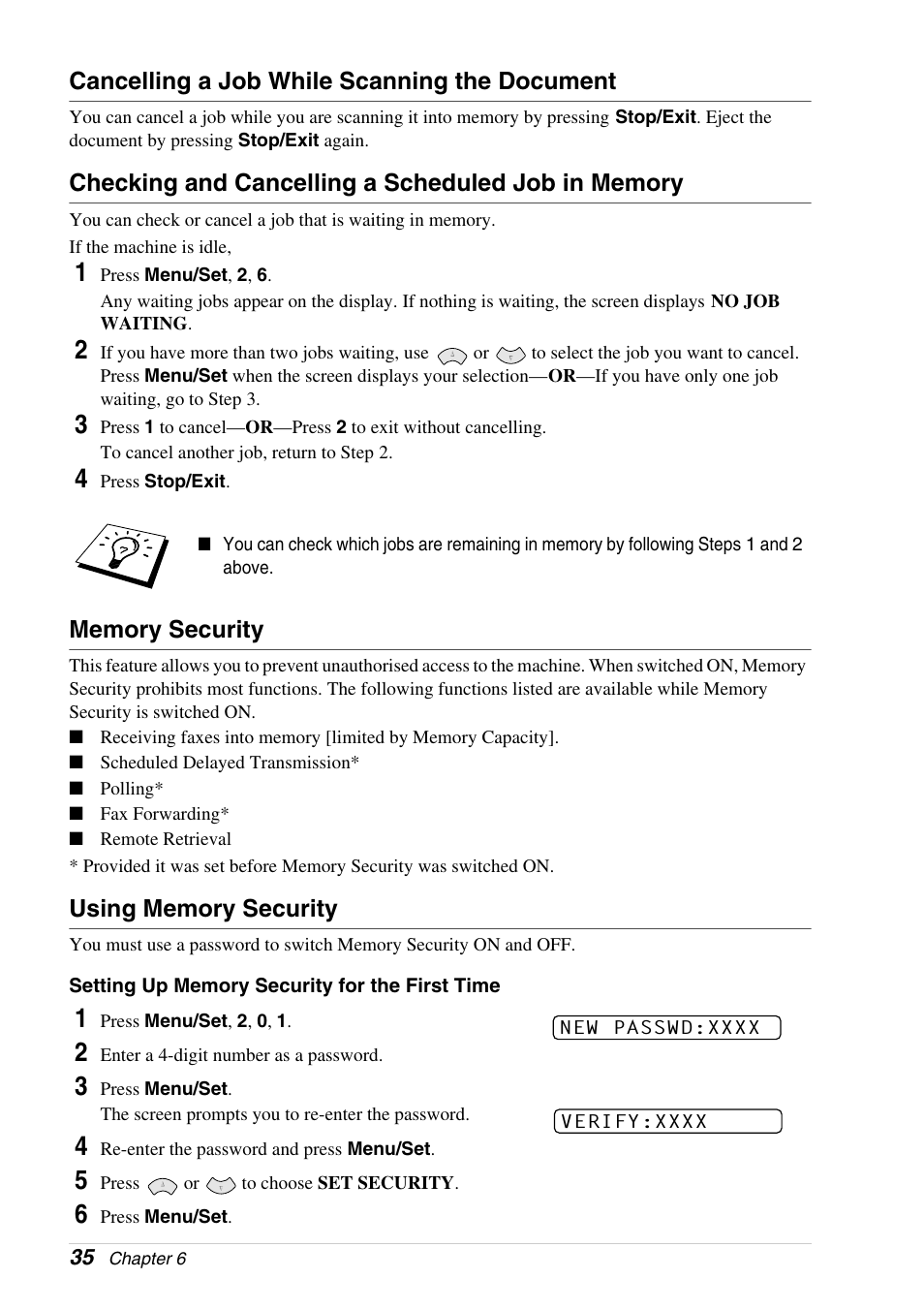 Cancelling a job while scanning the document, Checking and cancelling a scheduled job in memory, Memory security | Using memory security | Brother 4800 User Manual | Page 46 / 174