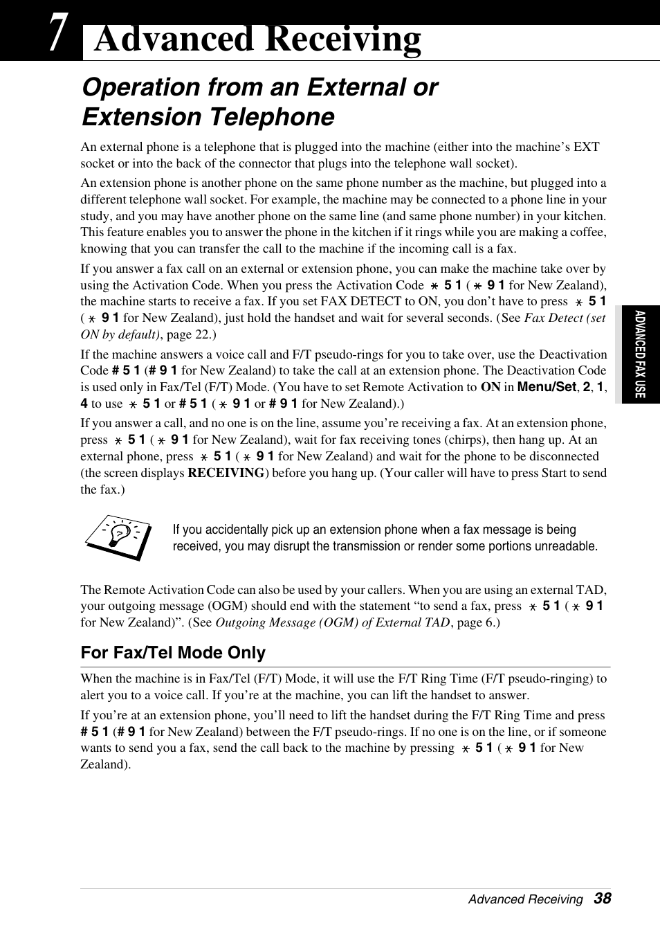 7 advanced receiving, Operation from an external or extension telephone, For fax/tel mode only | Chapter 7, Advanced receiving | Brother 4800 User Manual | Page 49 / 174