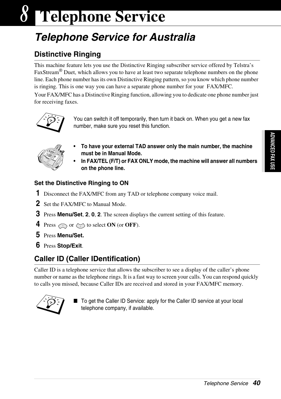 8 telephone service, Telephone service for australia, Distinctive ringing | Caller id (caller identification), Chapter 8, Telephone service | Brother 4800 User Manual | Page 51 / 174