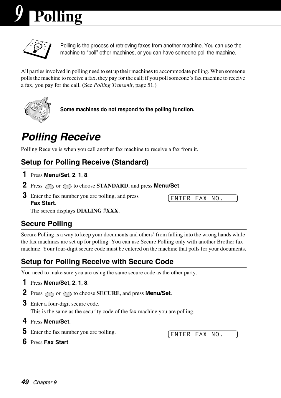 9 polling, Polling receive, Setup for polling receive (standard) | Secure polling, Setup for polling receive with secure code, Chapter 9, Polling | Brother 4800 User Manual | Page 60 / 174