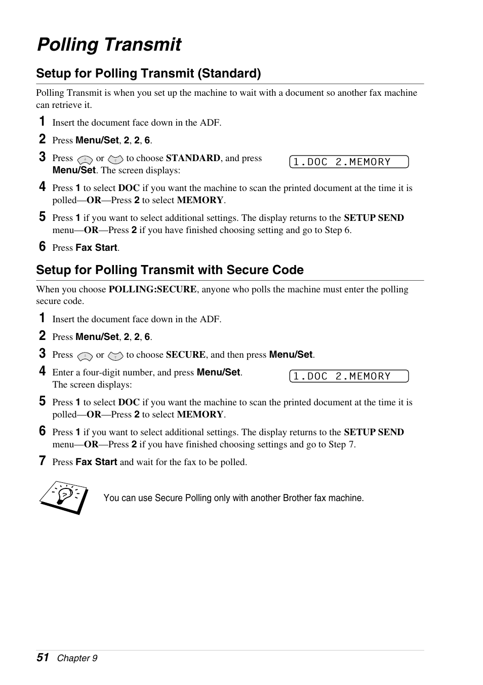 Polling transmit, Setup for polling transmit (standard), Setup for polling transmit with secure code | Brother 4800 User Manual | Page 62 / 174