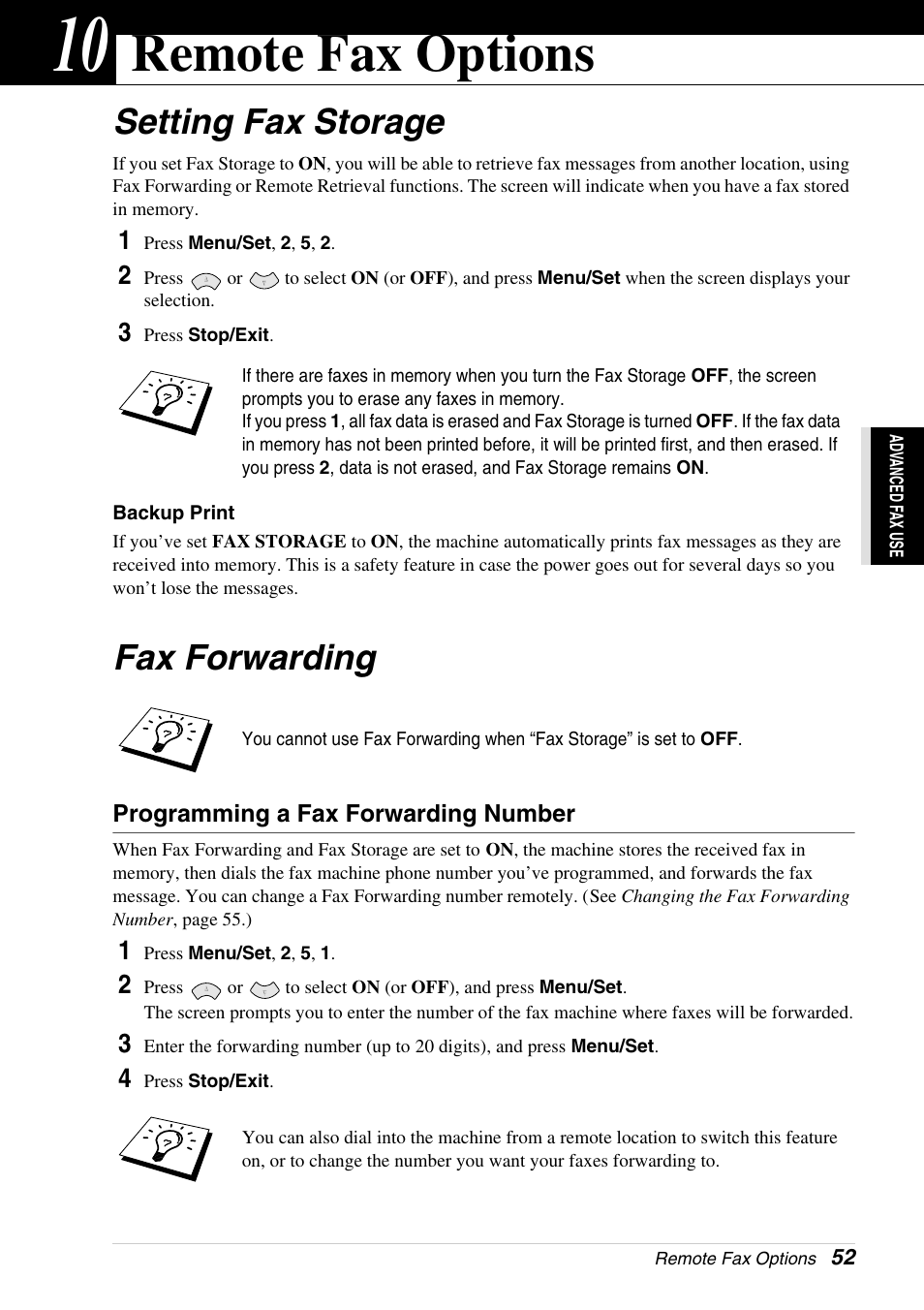 10 remote fax options, Setting fax storage, Fax forwarding | Programming a fax forwarding number, Chapter 10, Remote fax options, Setting fax storage fax forwarding | Brother 4800 User Manual | Page 63 / 174