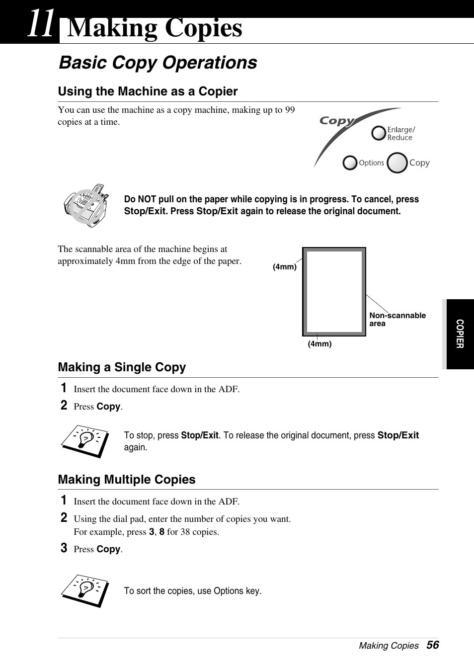 11 making copies, Basic copy operations, Using the machine as a copier | Making a single copy, Making multiple copies, Chapter 11, Making copies | Brother 4800 User Manual | Page 67 / 174
