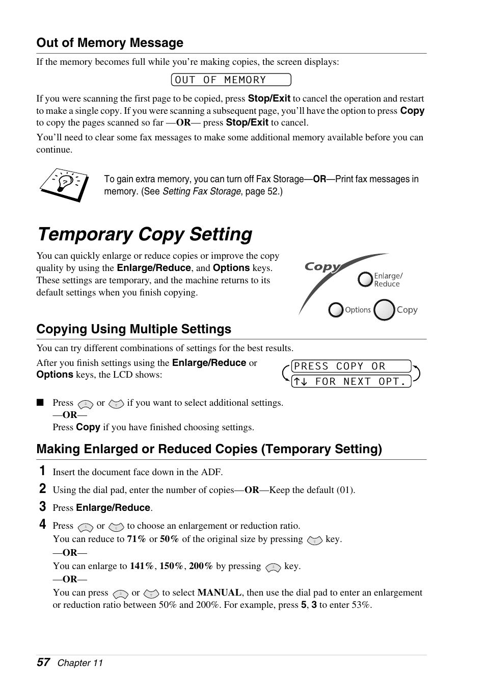 Out of memory message, Temporary copy setting, Copying using multiple settings | Brother 4800 User Manual | Page 68 / 174