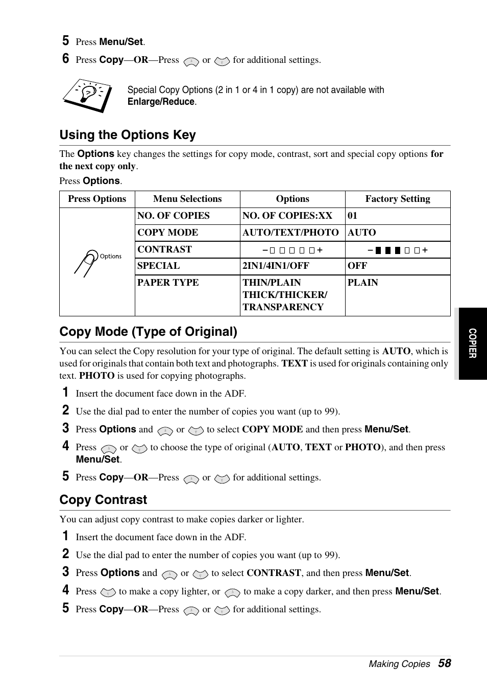 Using the options key, Copy mode (type of original), Copy contrast | Brother 4800 User Manual | Page 69 / 174
