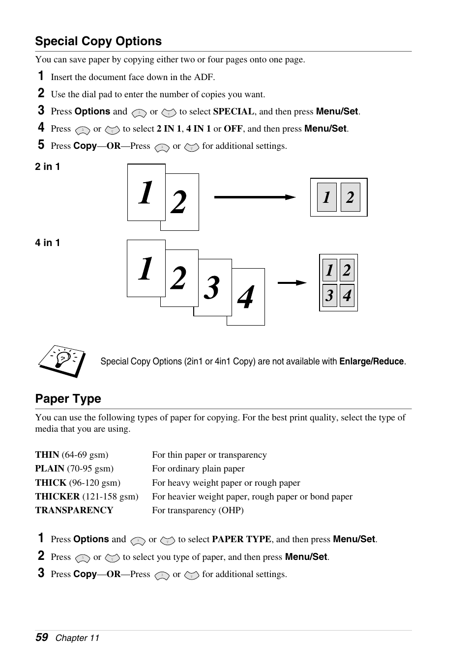 Special copy options, Paper type | Brother 4800 User Manual | Page 70 / 174