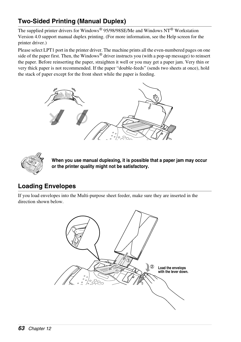 Two-sided printing (manual duplex), Loading envelopes | Brother 4800 User Manual | Page 74 / 174