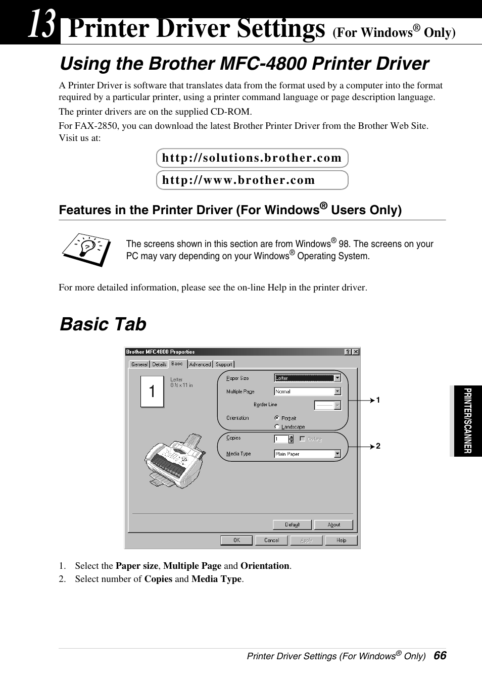 13 printer driver settings (for windows® only), Using the brother mfc-4800 printer driver, Basic tab | Chapter 13, Printer driver settings (for windows, Only), Printer driver settings, For windows | Brother 4800 User Manual | Page 77 / 174