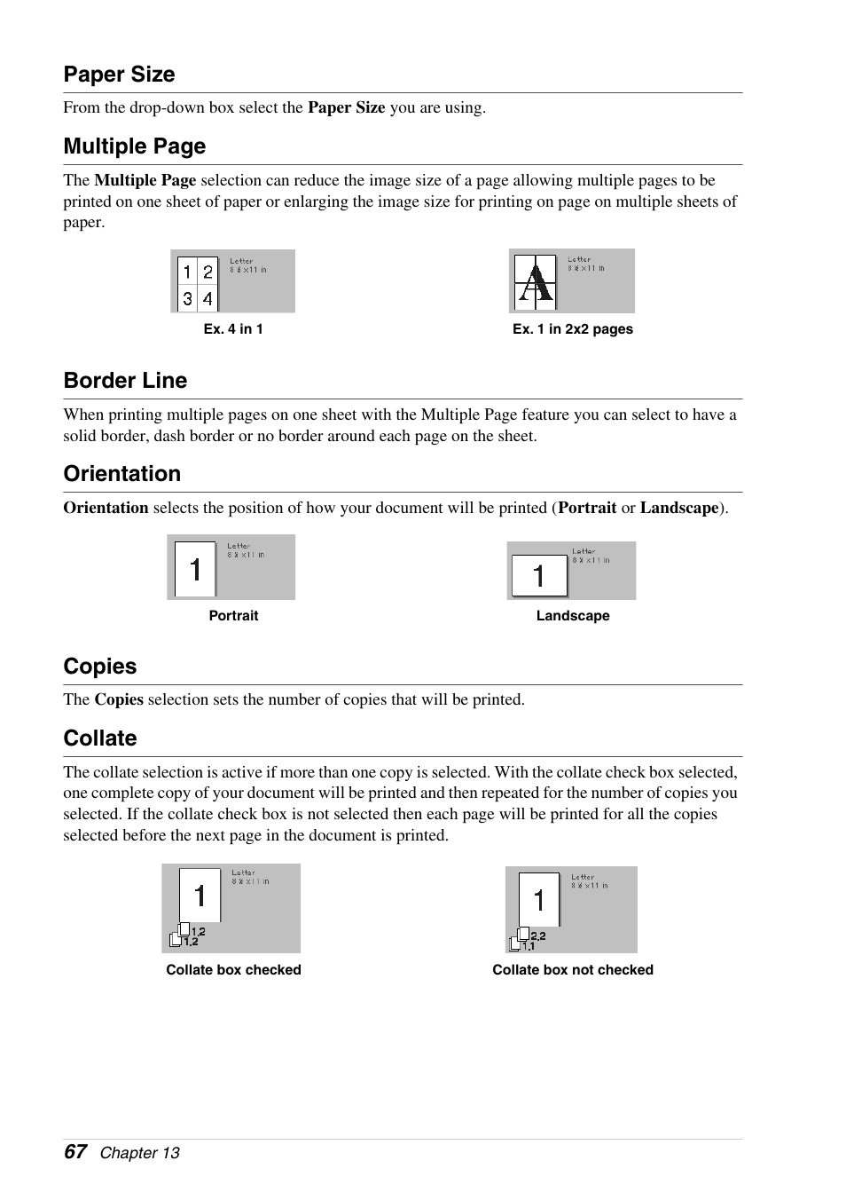Paper size, Border line, Orientation | Copies, Collate, Multiple page | Brother 4800 User Manual | Page 78 / 174