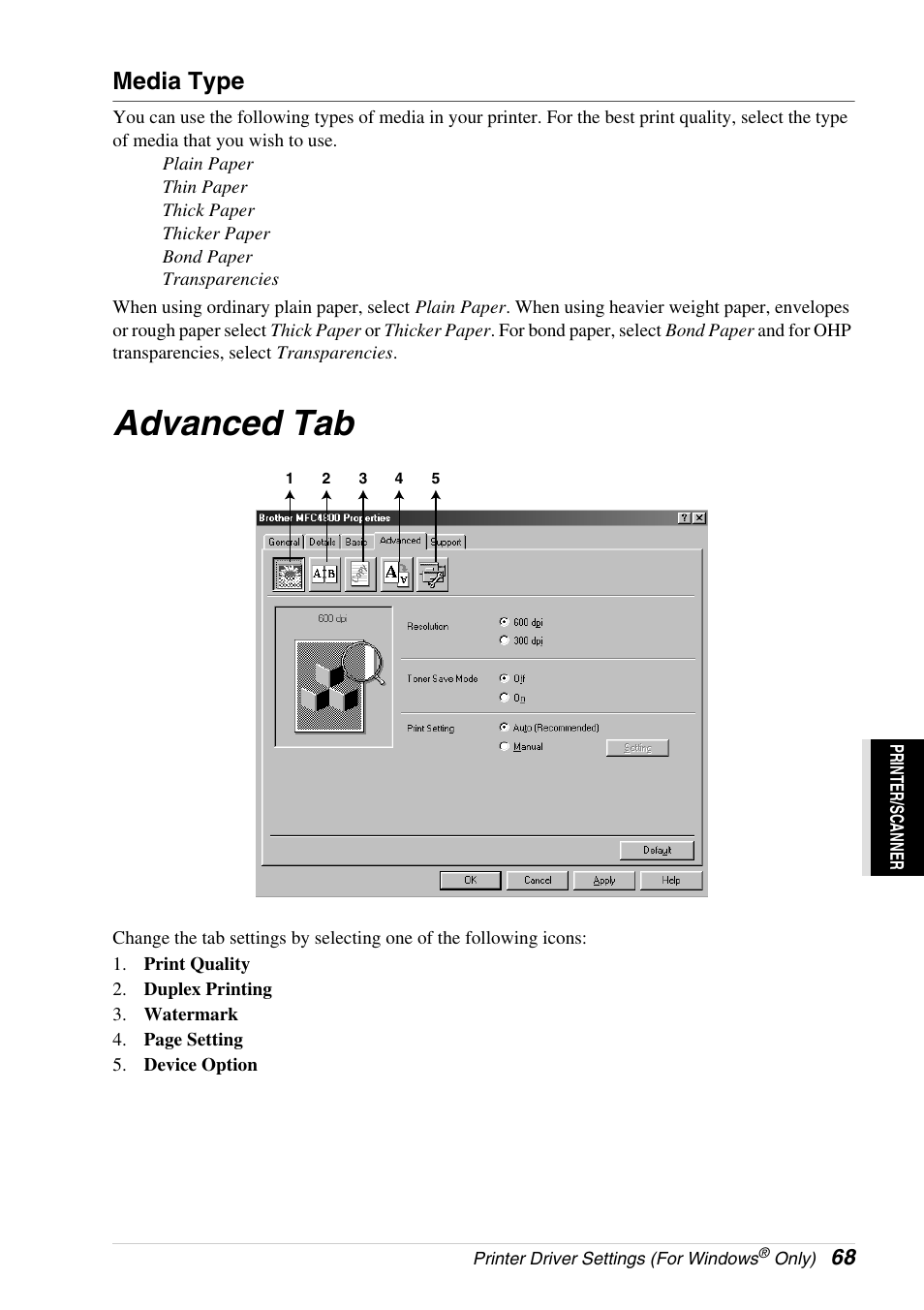 Media type, Advanced tab | Brother 4800 User Manual | Page 79 / 174