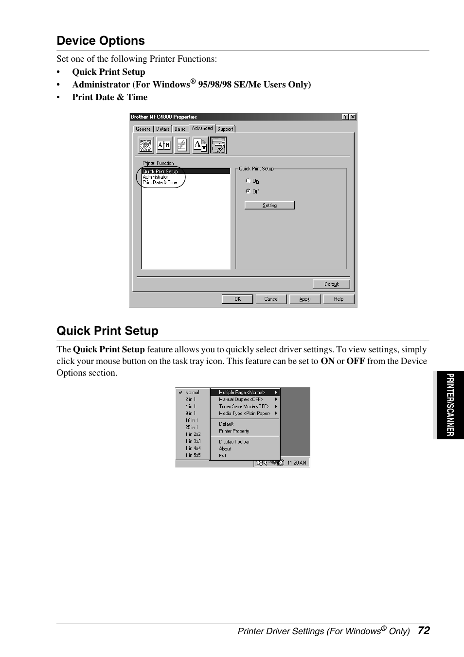 Device options, Quick print setup | Brother 4800 User Manual | Page 83 / 174