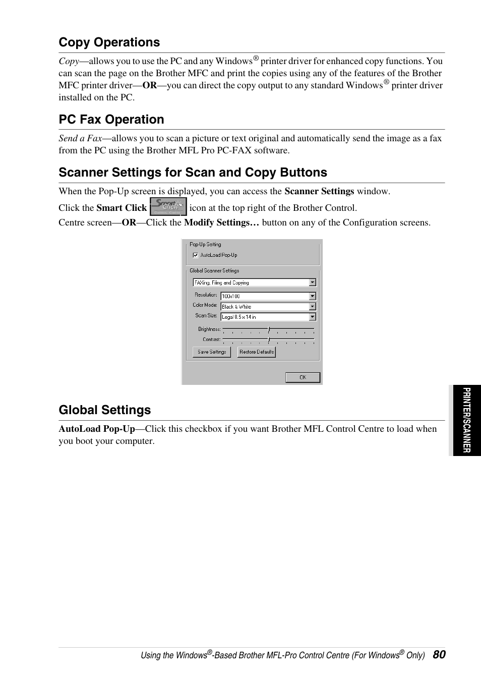 Copy operations, Pc fax operation, Scanner settings for scan and copy buttons | Global settings | Brother 4800 User Manual | Page 91 / 174