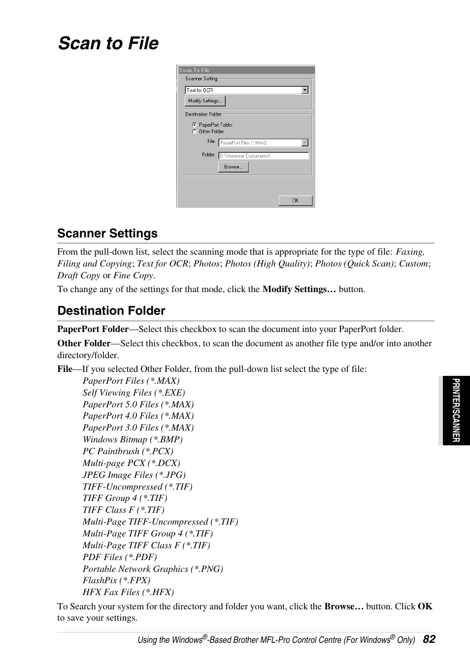 Scan to file, Scanner settings, Destination folder | Brother 4800 User Manual | Page 93 / 174