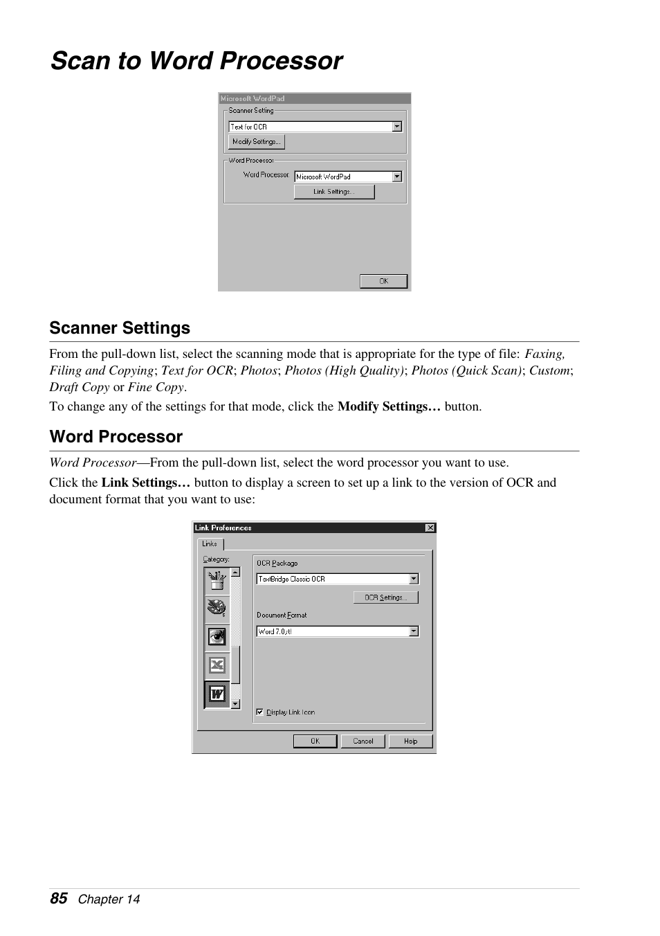 Scan to word processor, Scanner settings, Word processor | Brother 4800 User Manual | Page 96 / 174
