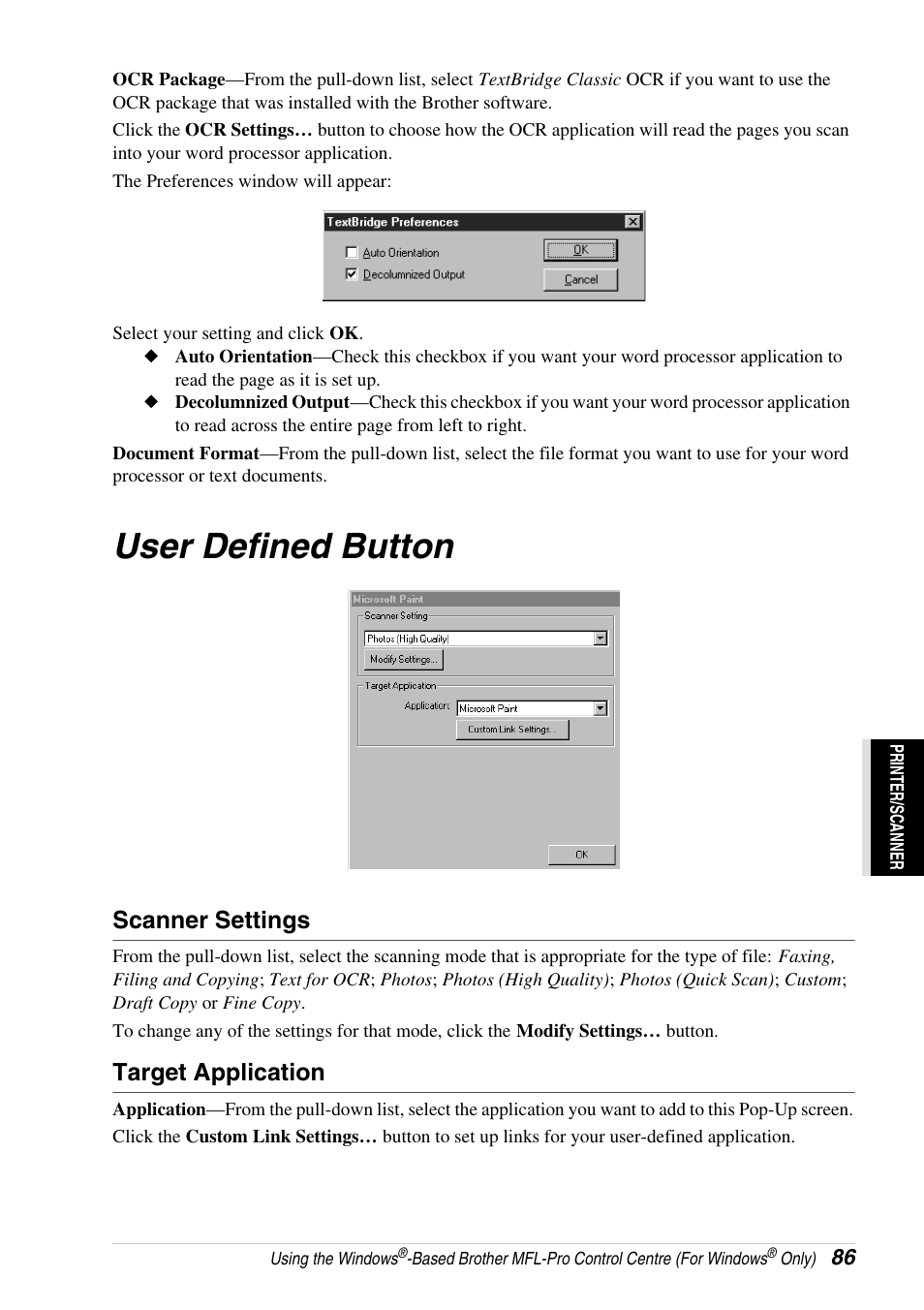 User defined button, Scanner settings, Target application | Brother 4800 User Manual | Page 97 / 174