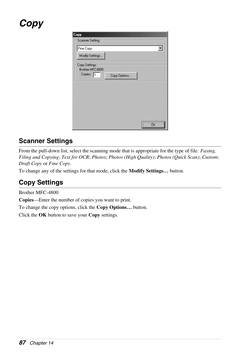 Copy, Scanner settings, Copy settings | Brother 4800 User Manual | Page 98 / 174