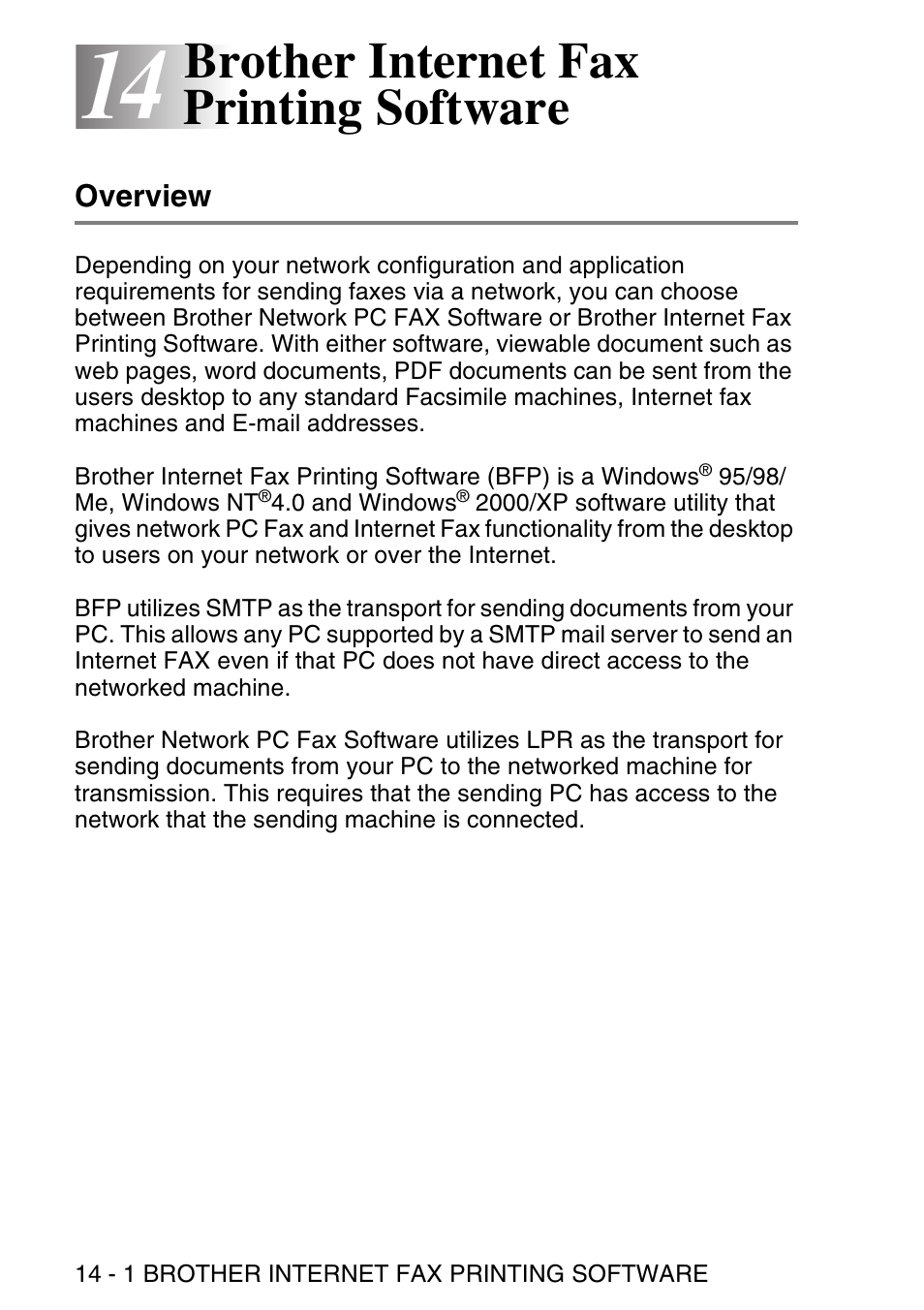 14 brother internet fax printing software, Overview, Brother internet fax printing software -1 | Overview -1, Brother internet fax printing software | Brother NC9100H User Manual | Page 147 / 176