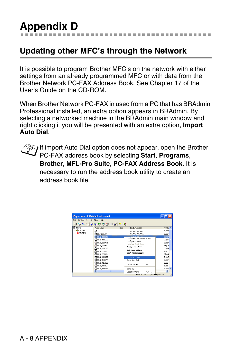 Appendix d, Updating other mfc’s through the network | Brother NC9100H User Manual | Page 167 / 176
