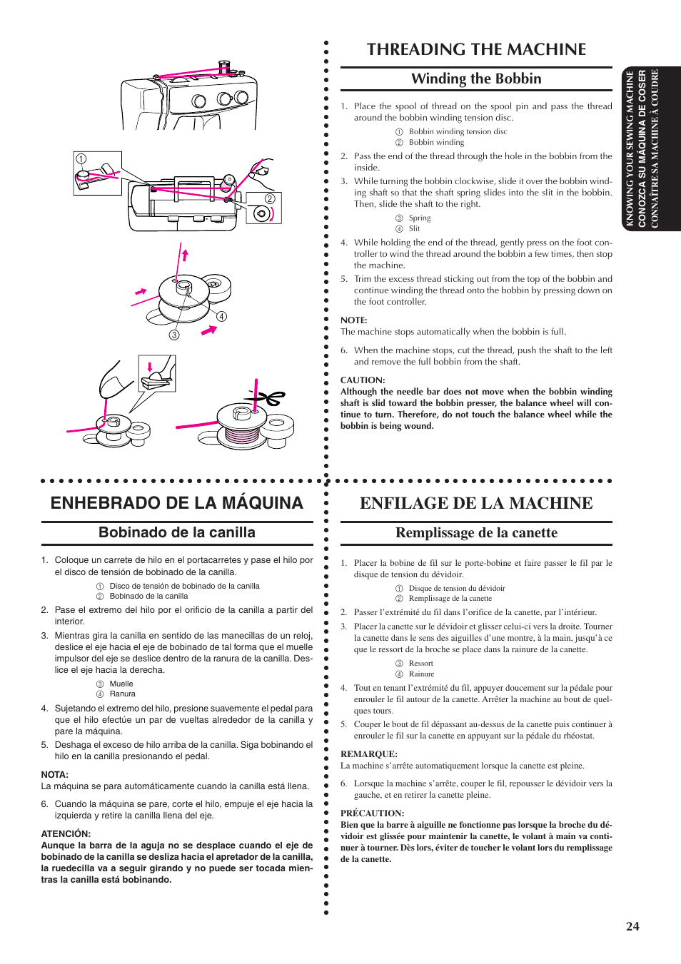 Threading the machine, Enhebrado de la máquina, Enfilage de la machine | Winding the bobbin, Bobinado de la canilla, Remplissage de la canette | Brother XL5300 User Manual | Page 33 / 88