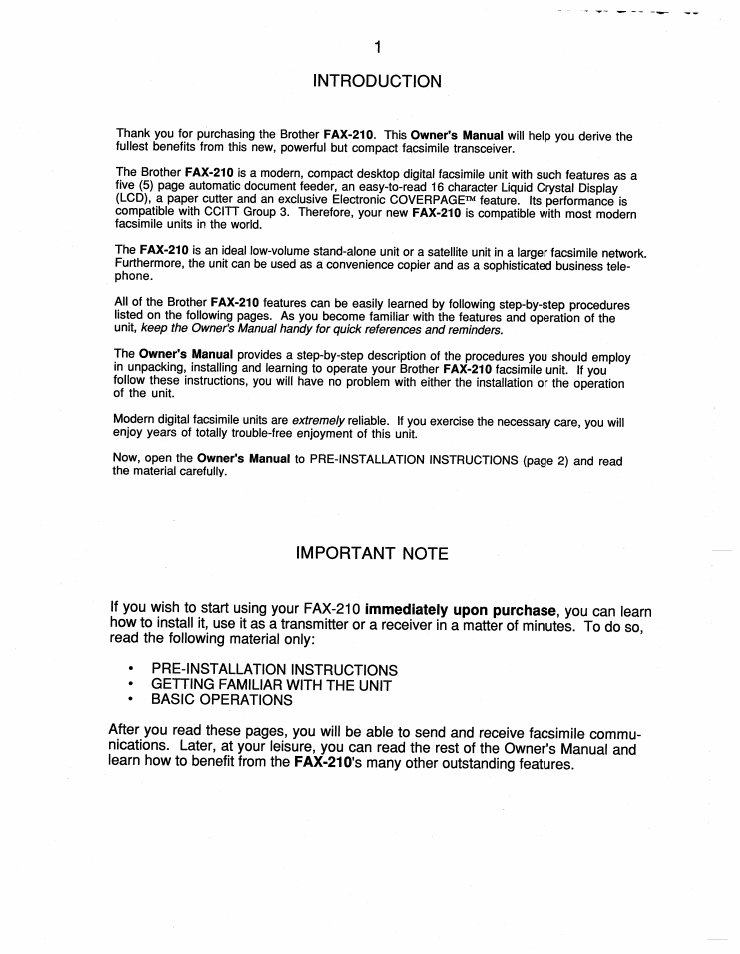 Introduction, Important note | Brother FAX-210 User Manual | Page 10 / 68