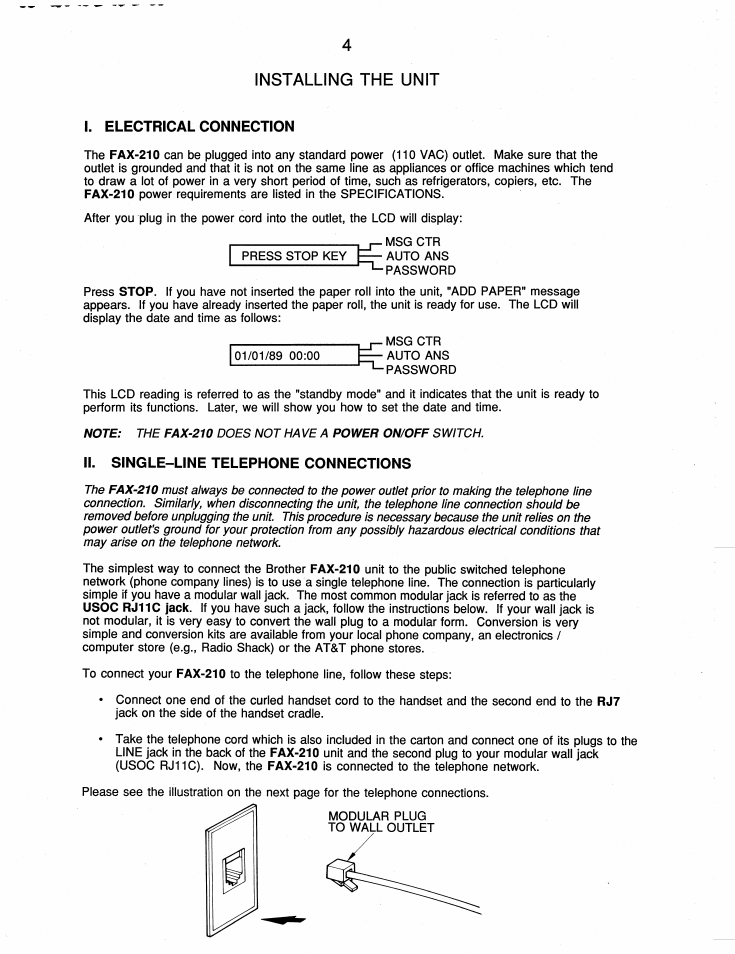 Installing the unit, I. electrical connection, Ii. single-line telephone connections | Brother FAX-210 User Manual | Page 13 / 68
