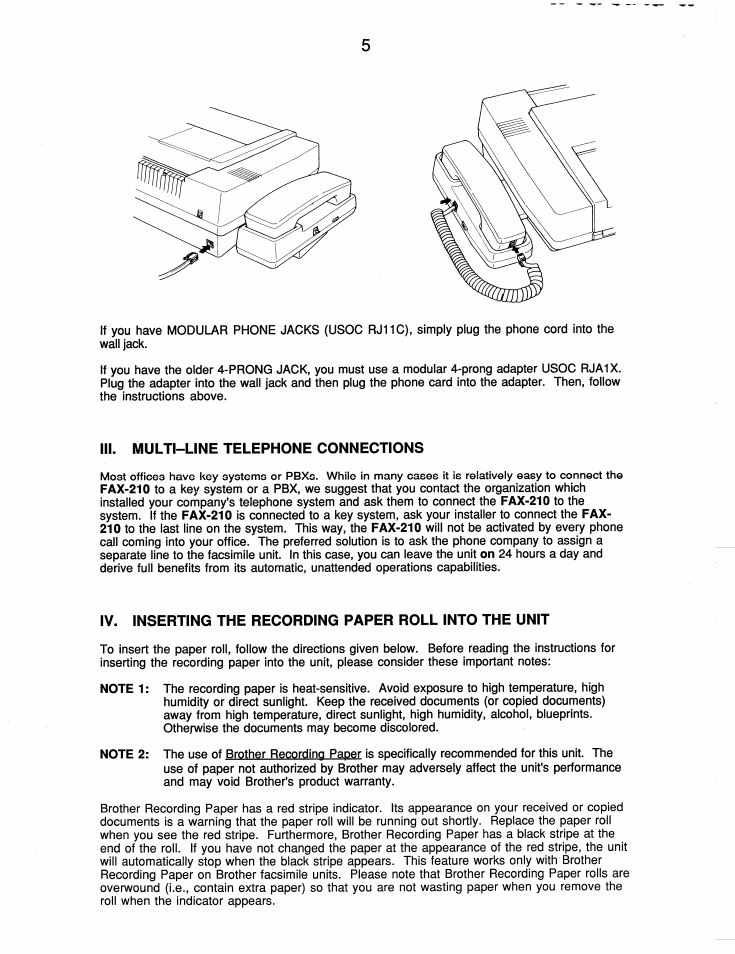 Iii. multi-line telephone connections | Brother FAX-210 User Manual | Page 14 / 68