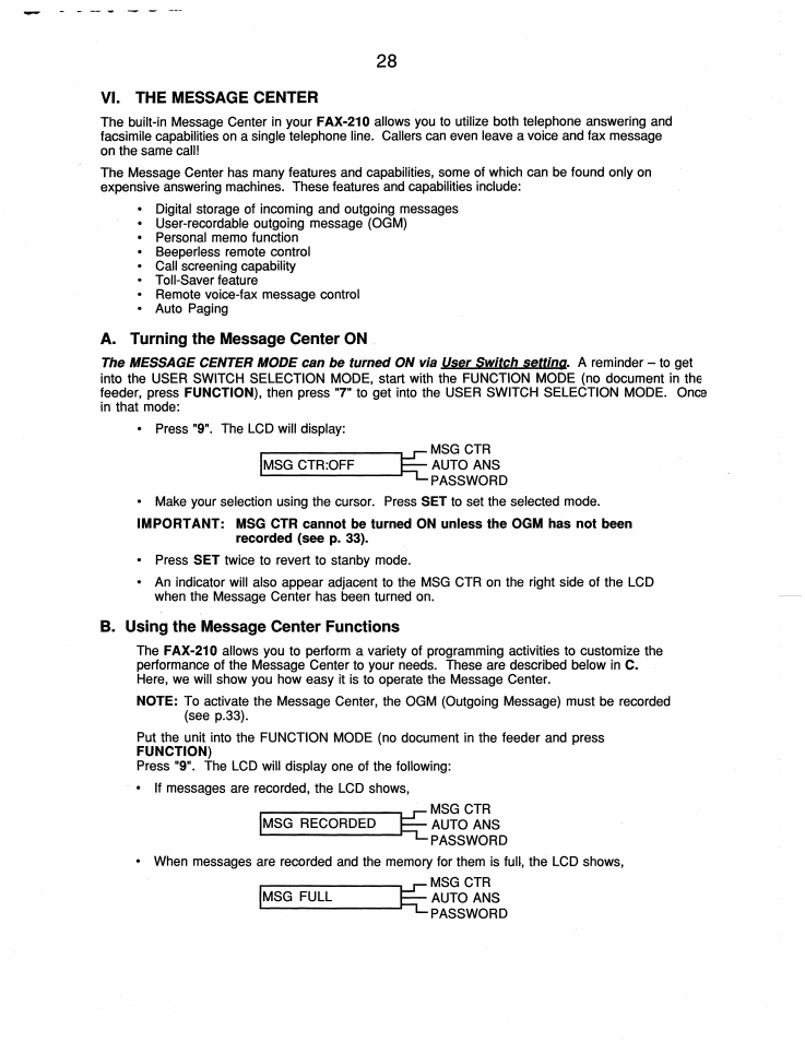 Vi. the message center, A. turning the message center on, B. using the message center functions | Brother FAX-210 User Manual | Page 37 / 68