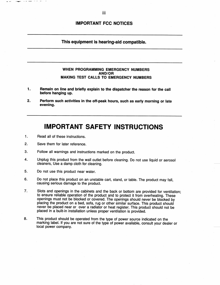 Important fcc notices, This equipment is hearing-aid compatible, When programming emergency numbers and/or | Making test calls to emergency numbers, Important safety instructions | Brother FAX-210 User Manual | Page 5 / 68