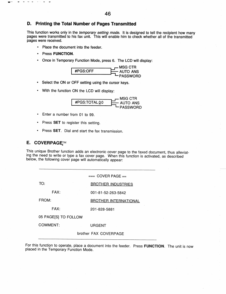 E. coverpag, D. printing the totai number of pages transmitted | Brother FAX-210 User Manual | Page 55 / 68