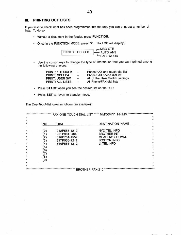 Brother fax-210, Iii. printing out lists | Brother FAX-210 User Manual | Page 58 / 68